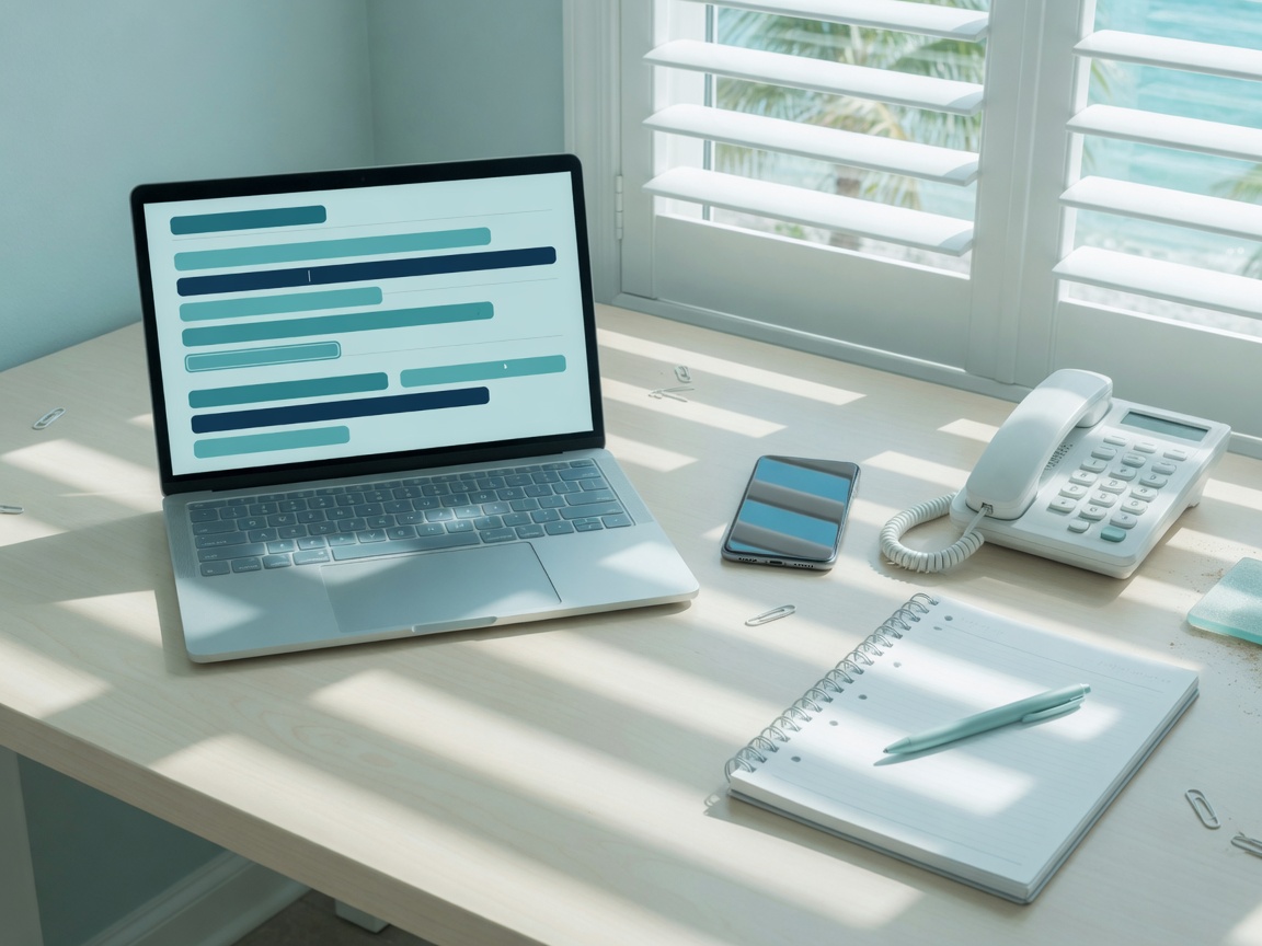 Inquiry desk with laptop, phone, and notepad