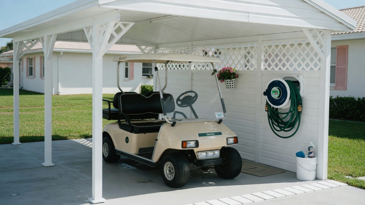 Golf cart under a carport.